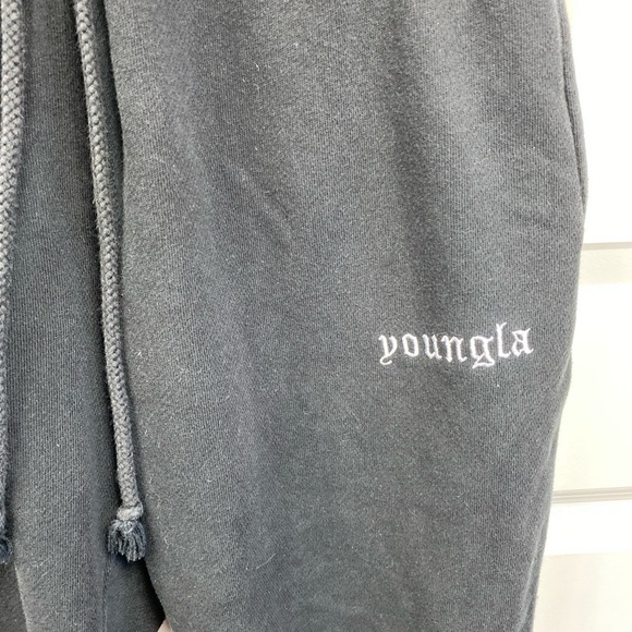 YoungLA Sweatpants Fleece Drawstring Pockets Small Black Bottoms Have Been Cut - Picture 2 of 6